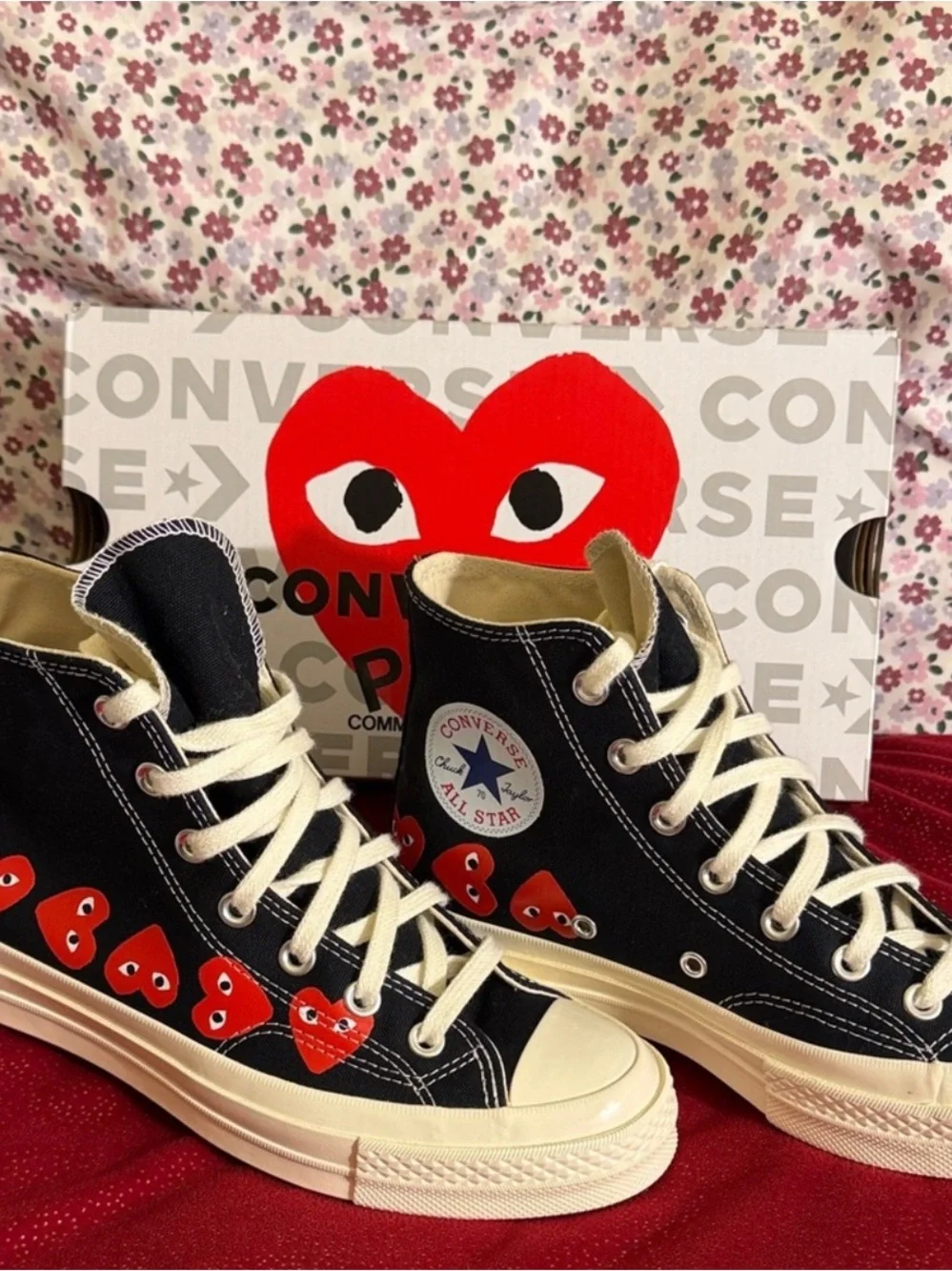 Black High-Top Canvas Sneakers with Red Heart Motif